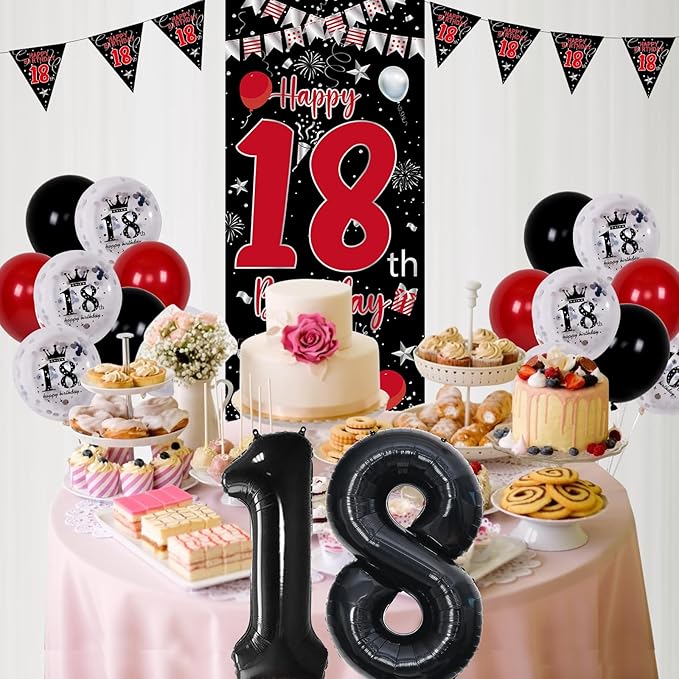 18th Birthday Decorations for Boys and Girls, Red Black Happy 18th Birthday Decorations for Men, Boy 18 Bday Party Door Banner Sign, Triangle Flag, Large 18 Balloons Decor for 18 Years Old