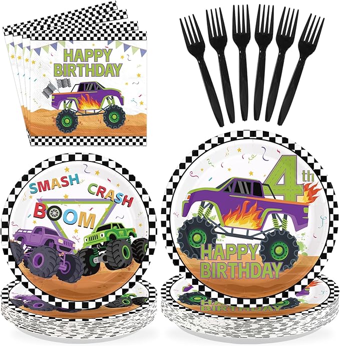 96Pcs Monster Theme Truck 4th Birthday Party Decoration Monster Birthday Plates and Napkins Green Purple Truck Disposable Paper Tableware Set for Kids Boys 4th Party Supplies Serves 24