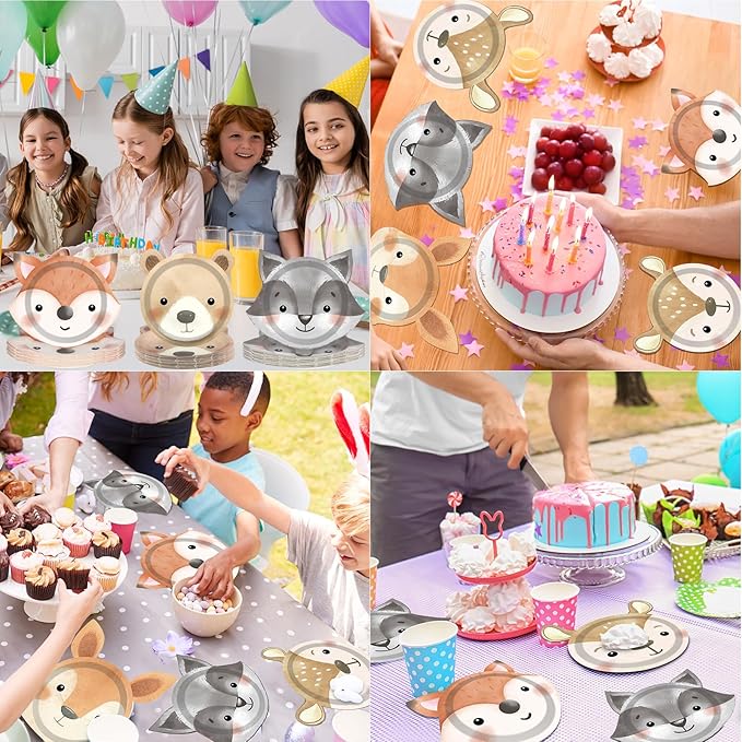 60 Count Woodland Party Paper Plates Animal Shaped Disposable Plates Woodland Creatures Tableware Forest Birthday Decorations for Birthday Baby Shower Animal Theme Party Favors
