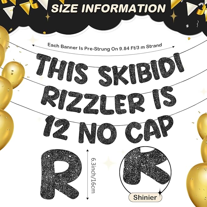 Fulmoon Pre Strung This Skibidi Rizzler Is 12 No Cap Glitter Banner 12th Birthday Party Decorations, Funny Birthday Sign, Party Supplies, Ideas, Gifts, Black