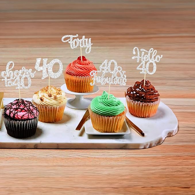 30pcs Happy 40th Birthday Cupcake Toppers - Silver Glitter Forty Cheers to 40 Years Old Cupcake Picks for Anniversary Party Cake Decorations
