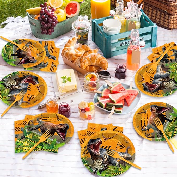 96 Pcs Dinosaurs Party Supplies Paper Plates Napkins Dinosaurs Themed Party Birthday Dinner Dessert Decorations Favors for Shower Decor Serves 24