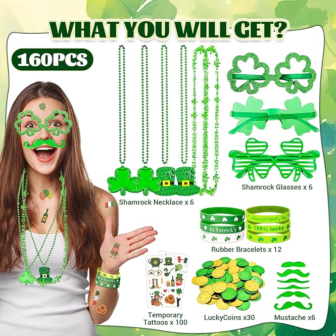 160PCS St. Patrick's Day Accessories Party Favor Set, Shamrock Party Supplies Set with Green Bead Necklaces, Clover Glasses, Mustache, Lucky Coins, Temporary Tattoos, Irish Festival Party Decorations