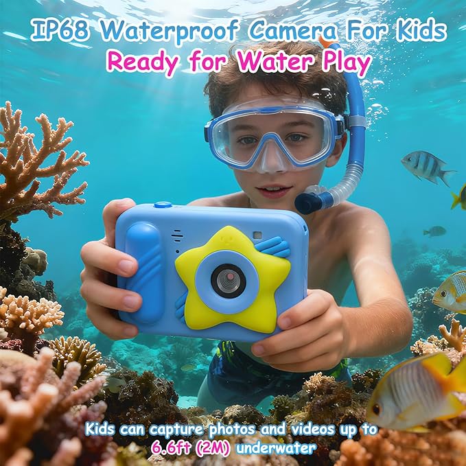 Waterproof Kids Toy Camera with 32GB Card,48MP 1080P HD Underwater Digital Camera – IP68 Shockproof Gift for Boys & Girls 3 4 5 6 7 8 9 10 Years, Ideal Christmas & Birthday Present – Blue