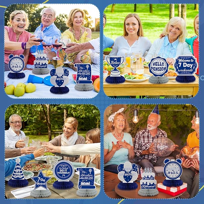 Pickmesh 12 Pieces Blue Retirement Party Decorations Honeycomb Centerpieces Blue Silver Happy Retirement Table Decorations 7 Day Weekend Goodbye 9 to 5 Table Topper for Party Decoration Supplies