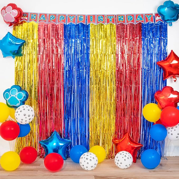 Paw Birthday Decorations, including 2Pack Gold Red Blue Tinsel Foil Fringe Curtains 3.3 x 6.6ft, 1Pack Dog Patrol Themed Birthday Banner & 22pcs Balloons for Paw Birthday Party Photo Props Backdrop
