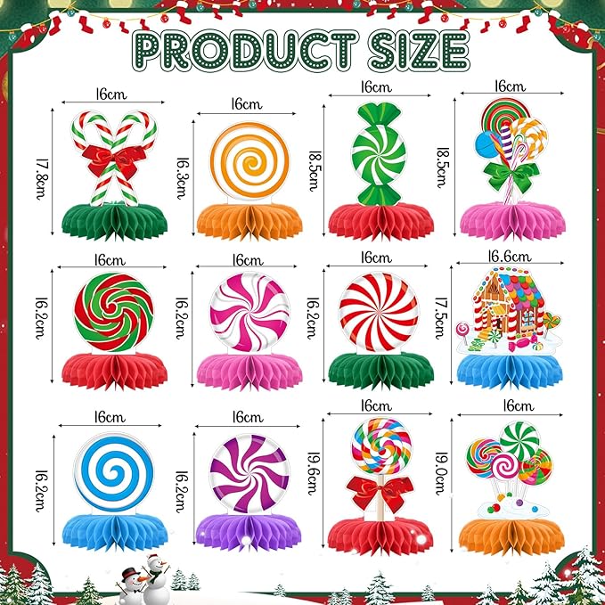 12 Pack Christmas Party Centerpieces for Tables Candy Theme Christmas Table Honeycomb Centerpieces Holiday Party Decorations Table Toppers for Xmas Festive Classroom Office Winter Decor