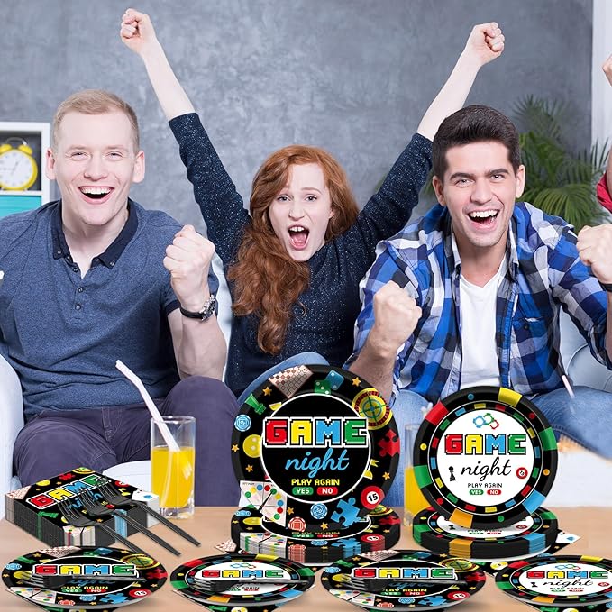 96Pcs Family Game Night Plates and Napkins Gaming Party Supplies Family Game Paper Plates Disposable Paper Plate Napkins Forks for Kids Adults Families Gamer Birthday Gaming Night Party Decorations