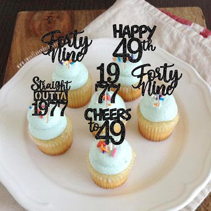 30PCS Black 49th Birthday Cupcake Toppers Glitter Forty Nine Happy 49th Straight Outta 1977 Cupcake Picks for Cheers to 49 Years Birthday Wedding Anniversary Party Cake Decorations Supplies