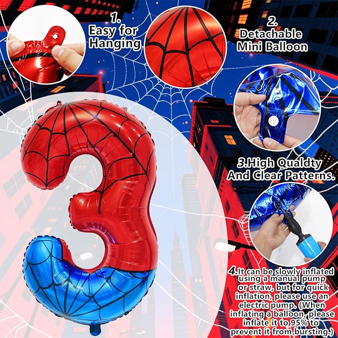 Spider Web Number 3 Balloon Birthday Decoration, Superhero Themed 40in Giant Mylar Number Party Supplies