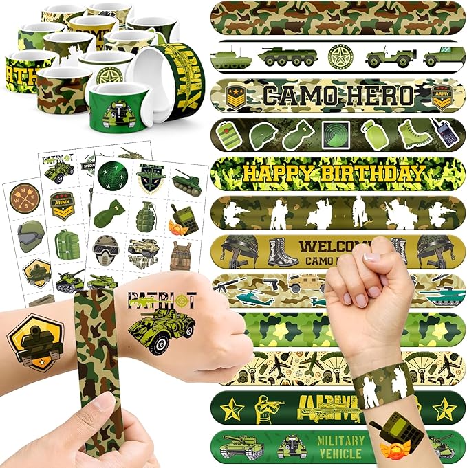 60 PCS Army Party Favors Set - 36 Temporary Tattoos & 24 Slap Bracelets for Kids, Perfect for Army-Themed Birthday Supplies, Classroom Rewards and Military Party Decorations