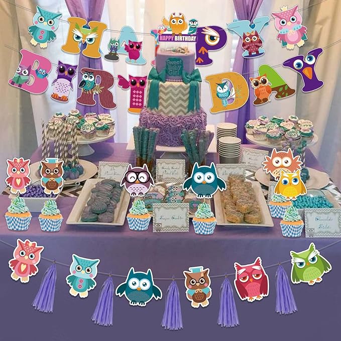 Owl Birthday Decorations - Cute Owl Theme Party Supplies with Birthday Banner, Colorful Tissue Paper Tassels Garland, Cake Toppers Set for Baby Shower, Kids Woodland Bday Party Decors