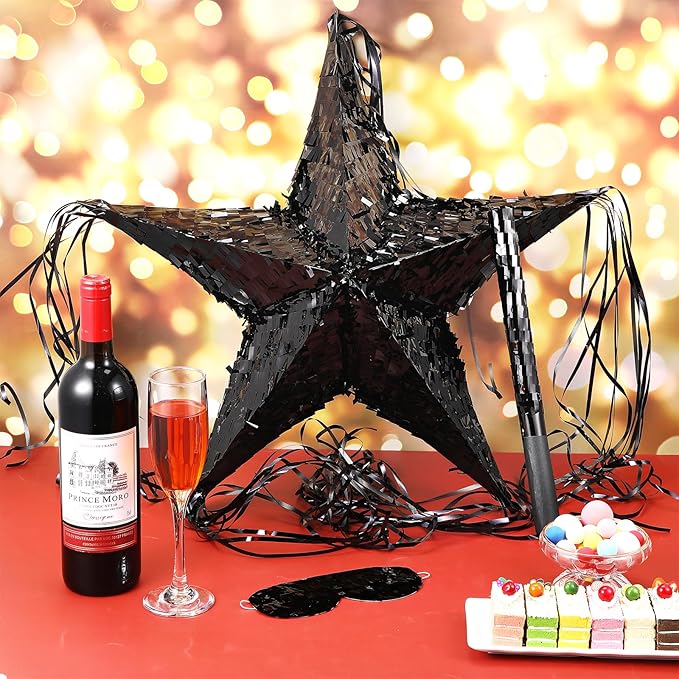 Hanaive Foil Star Piñata with Blindfold and Bat for Birthday Foldable Star Shape Piñata with Stick Festive Fiesta Party Supplies Favors for Mexican Party(Black)