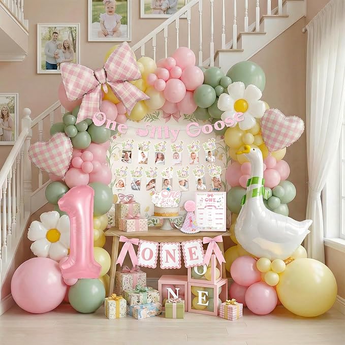 128 pcs One Silly Goose Birthday Decor Girl, Pink 1st Birthday Decorations Girl, Photo Banner Balloons Poster Hat High Chair Banner Cake Topper Boxes Goose Backdrop for Kids Birthday Party Supplies