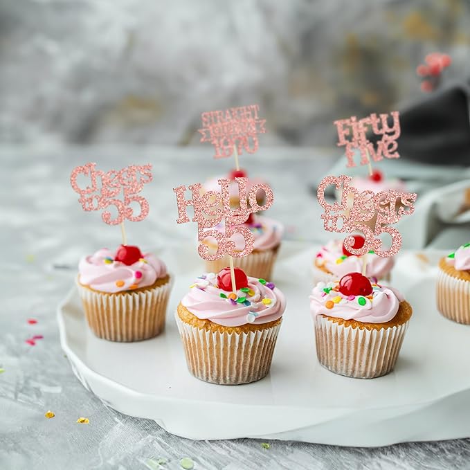 Ephlyn 24Pcs 55th Birthday Cupcake Toppers Glitter Straight Outta 1970 Cupcake Picks Hello 55 Cheers to 55 Years Cake Decorations for 55th Birthday Anniversary Party Decorations Supplies Rose Gold