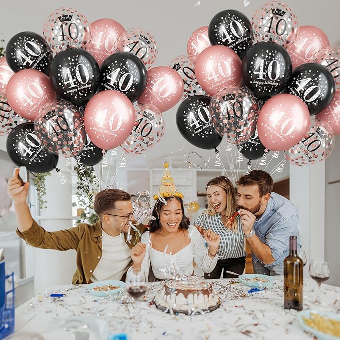 Black Rose Gold Happy 40th Birthday Balloons, 15 Pieces 40th Birthday Decorations for Women, 40th Latex Helium Balloons for Her Age 40 Years Old 40th Birthday Party Decor Celebration Supplies