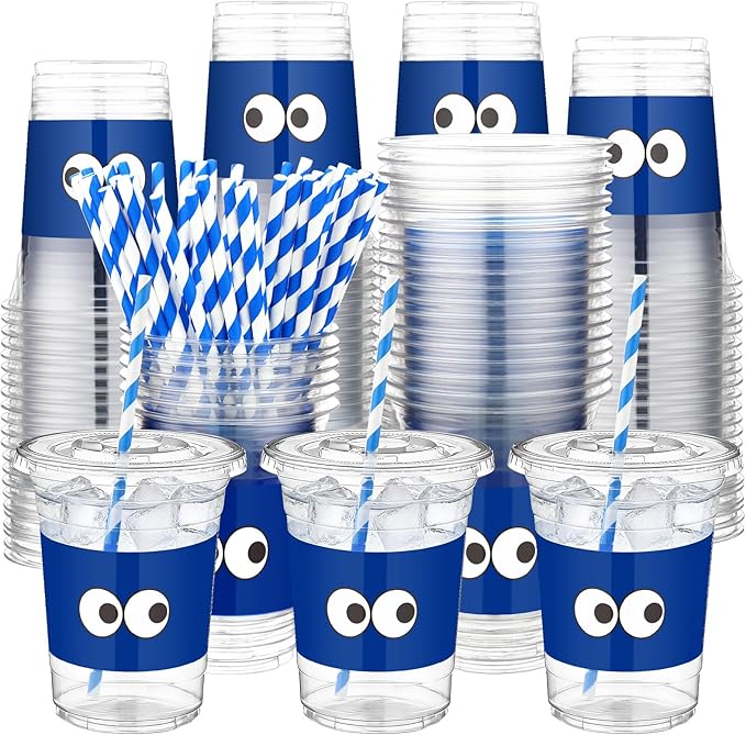 50 Pcs Blue Monster Themed Party Supplies Cartoon Blue Monster Plastic Cups Bulk Cartoon Baby Shower Decorations Disposable Party Favor Cups for Birthday Decorations Gender Reveal Supplies
