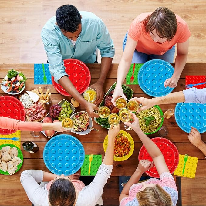 96 Pcs Building Block Party Supplies, Building Bricks Plates and Napkins Set Building Block Themed Dinnerware for Birthday Party Decorations, Serves 24