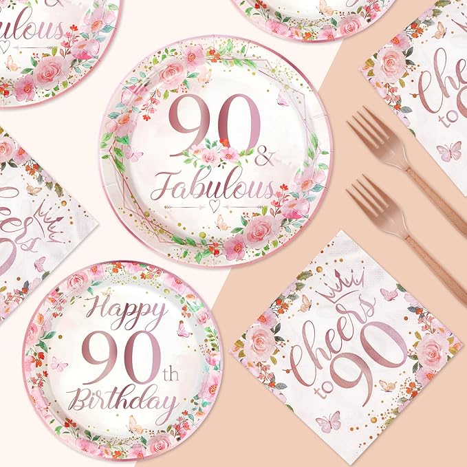 96 Pcs 90th Birthday Party Decorations for Women Rose Gold Floral 90th Birthday Plates and Napkins Tableware Sets 90 and Fabulous Party Supplies for 90 Years Old Birthday Party Favors Serves 24