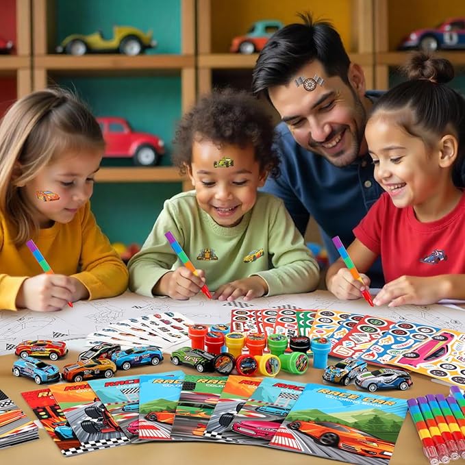 BenLouis 84Pcs Race Car Party Favors Racing Theme Coloring Books Crayons Sticker Set Bulk for Kids Fast Racecar Wheels Birthday Goodie Bag Stuffer Classroom Gifts Rewards Craft Pinata Fillers