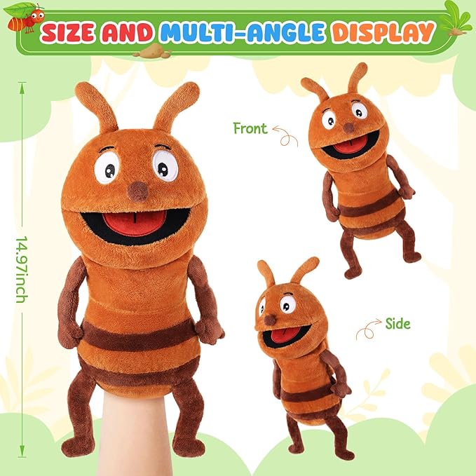 Animal Hand Puppets 11 Inch Insect Plush Ladybug Ant Dragonfly Caterpillar Puppet Toys Role-Play Puppets for Kids Storytelling Imaginative Pretend Play Teaching Preschool(Ant)