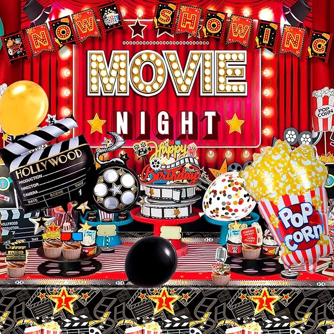Movie Night Party Decorations, 84 Pcs Movie Night Party Supplies - Balloons Backdrop Tablecloth Banner etc Movie Theater Decorations
