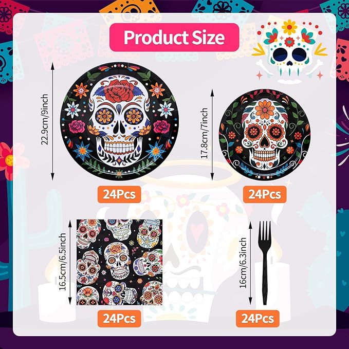 96 Pieces Day of the Dead Tableware Set - Mexican Sugar Skull Pattern Disposable Plates, Napkins, and Forks for Dia de los Muertos, Halloween, Fiesta, and Cultural Celebrations – Serves 24