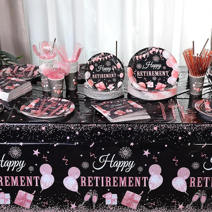 Zhehao 101 Pcs Retirement Party Tableware Set Black and Pink Happy Retirement Party Supplies Includes 50 Paper Plates, 50 Napkins and 1 Tablecloth for Men Women Say Goodbye