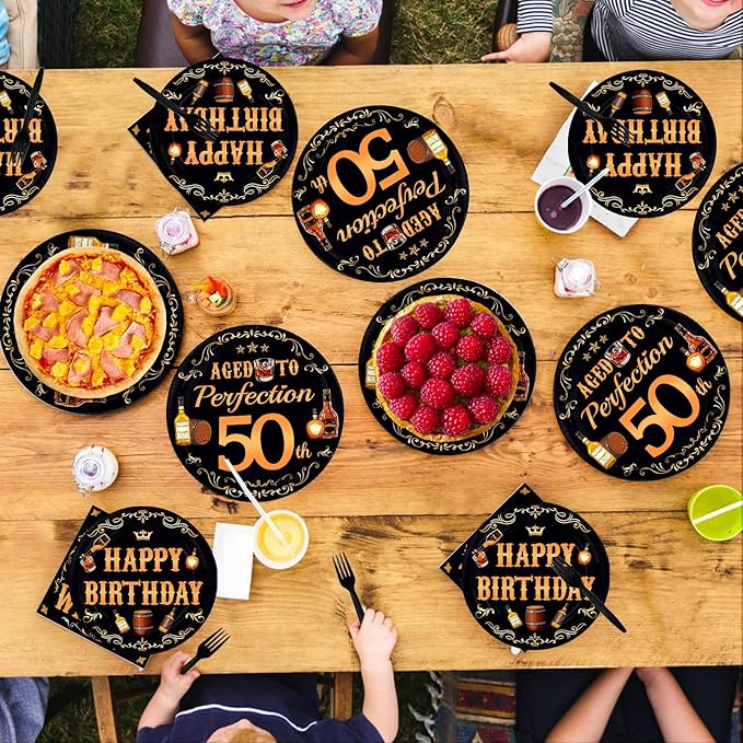 96 Pcs Whiskey 50th Birthday Party Supplies Aged To Perfection 50th Plates and Napkins Disposable Cheers and Whiskey Tableware Set for Men Vintage 50 Years Old Birthday Party Decorations Serves 24