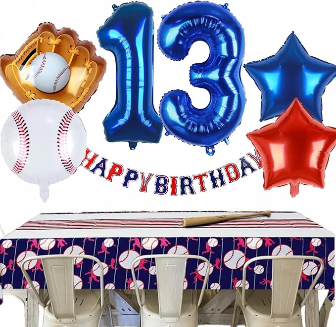 Baseball Balloons 13th Birthday Decorations for Boy, Baseball Birthday Decoration Threenager Sports Theme Party Supplies, 32Inch Foil Mylar 13 Balloon Navy Blue Red White Sports Balloon Arch Kits