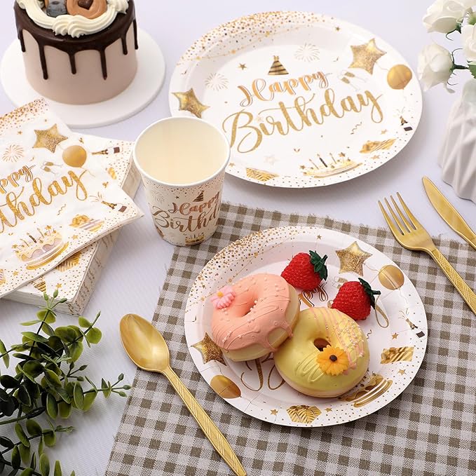 Vesici 350 Pcs Happy Birthday Party Supplies Disposable Party Tableware Set Serves 50 Included Plates Napkins Cups Cutlery for Men Woman 50th 80th Birthday Party Decorations(White Gold)