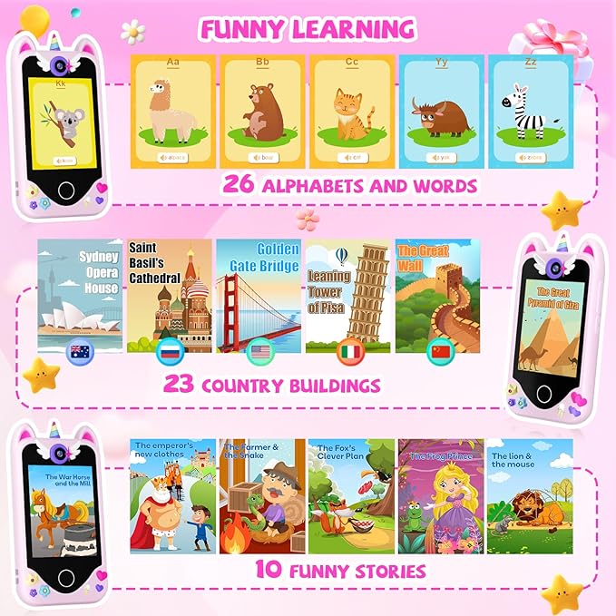 Kids Smart Phone for Girls Gifts - Toddler Christmas Birthday Gift for Age 3 4 5 6 7 8 9 10 Year Old, Kids Cell Phone Toy with Touchscreen, Dual Cameras, Learning, Music Player, Games with 32 GB Card