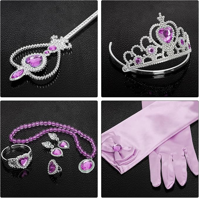 Princess Dress Up Party Accessories for Princess Costume Gloves Tiara Wand Necklace Earrings Bracelet and Ring Gift Set 9pcs (Purple, Set of 7, 9pcs)