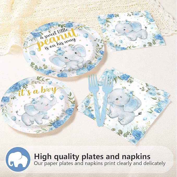 96Pcs Elephant Baby Shower Party Decorations Blue Elephant Plates and Napkins Tableware Set Baby Blue Floral Cute Themed Decorations Favors for Boy Girl Gender Reveal Birthday Party Supplies Serves 24