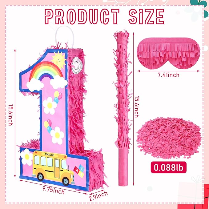 Number 1 Piñata Cartoon English Teacher 1st Birthday Piñata Party Decoration Pink Animation Themed Decor with Stick Blindfold Mask Confetti for Birthday Baby Shower Celebration Supply