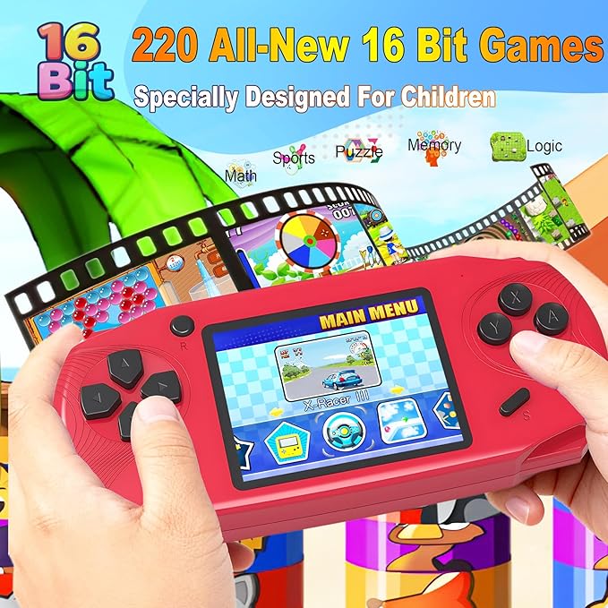 16 Bit Handheld Games for Kids Adults 3.0'' Large Screen Preloaded 220 HD Classic Retro Video Games USB Rechargeable Seniors Electronic Game Player Birthday Xmas Present (Red)