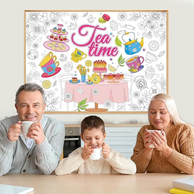 Tea Party Coloring Poster for Kids Spring Giant Coloring Poster Large Flower Tea Time Tablecloth Jumbo Books for Classroom Home Birthday Party Supplies Favor