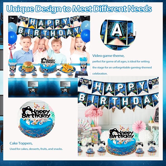Video Game Party Decorations Game On Birthday Party Supplies Paper Plate, Napkins Cups, Happy Birthday Banner, Cake Toppers, Balloons, Tablecloths for Video Gaming Level Up Party