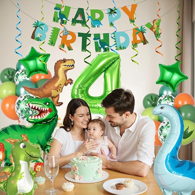 Amandir Dinosaur 4th Birthday Party Decorations for Boys Girls, Foil Green Star Number 4 Dinosaur Balloons with Happy Birthday Banner Hanging Swirls for Dino Baby Shower Kids Party Supplies