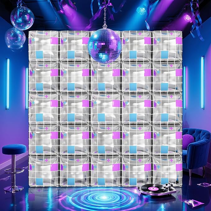 Silver Square Foil Balloon Wall,25Pcs Double Sided Balloons Backdrop Helium Polyester Balloon Tunnel Arch Garland Kit for Disco Party Birthday Bridal Anniversary Baby Shower Party Decorations