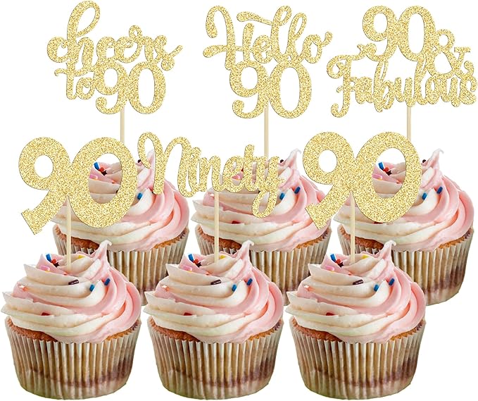 30pcs Happy 90th Birthday Cupcake Toppers - Gold Glitter Ninety Cheers to 90 Years Old Cupcake Picks for Anniversary Party Cake Decorations