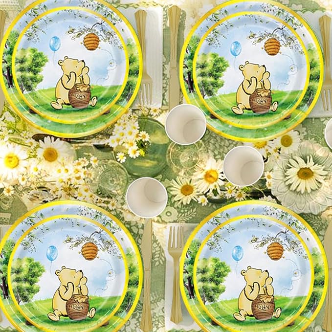 175pcs Vintage Winnie Bear Baby Shower Pooh Decorations Birthday Party Supplies Tableware Set (25 Guest)With Paper Plates Cups Napkins Cutlery for Boy Girl Newborn Birthday Party Dinnerware Decoration