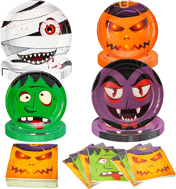 180 Pcs Halloween Paper Plates and Napkins Set,4 Design Pumpkin Monster Bat Disposable Tableware Supplies,for Halloween Party Decoration,Serve 60