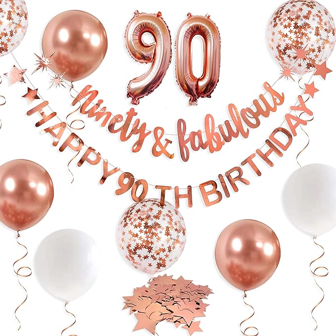 Rose Gold Ninety & Fabulous Happy 90th Birthday Banner Garland Foil Balloon 90 for Womens 90th Birthday Decorations Hanging 90 and Fabulous Cheers to 90 Years Old Birthday Party Supplies Backdrop