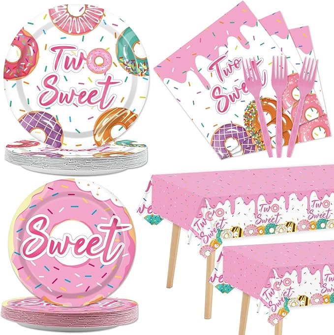 ZOIIWA 98 Pieces Two Sweet Donut Birthday Party Supplies for 24 Guests Girls Donut Tableware Set Baby Girl 2nd Birthday Paper Plates Napkins Tablecloth Decorations Table Cover Dinnerware Party Favors