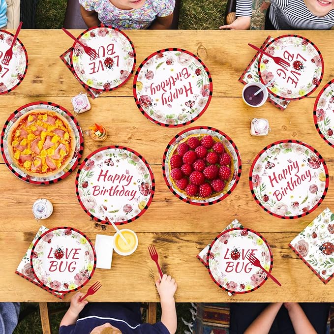 96Pcs Ladybug Birthday Party Supplies Cute Ladybird Birthday Plates and Napkins Cute Red Black Ladybug Theme Tableware Set for Kids Insect Theme Baby Shower Party Decorations Serves 24