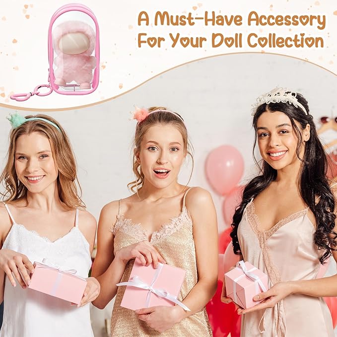 Clear Protective Case Display Accessories for 4.13 Inch 10cm 4.0 Series Plush Doll with Keychain, PVC Hanging Storage Case Cover Doll Storage Bag Figures Dolls Collectible Toys(Pink)