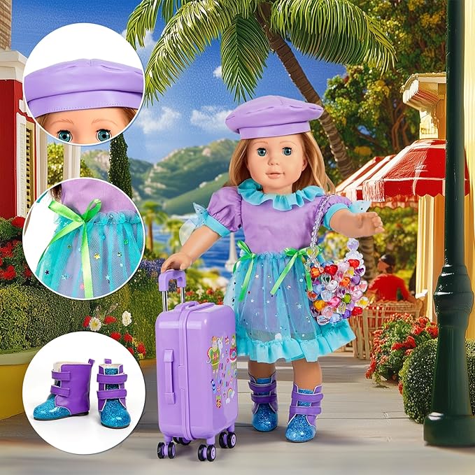 18-inch-Doll-Clothes and Accessories -Travel-Suitcase Luggage, Clothes and Shoes, Handbag, Berets,Passport, Notebook, Travel Gear Play Sets(No Doll)