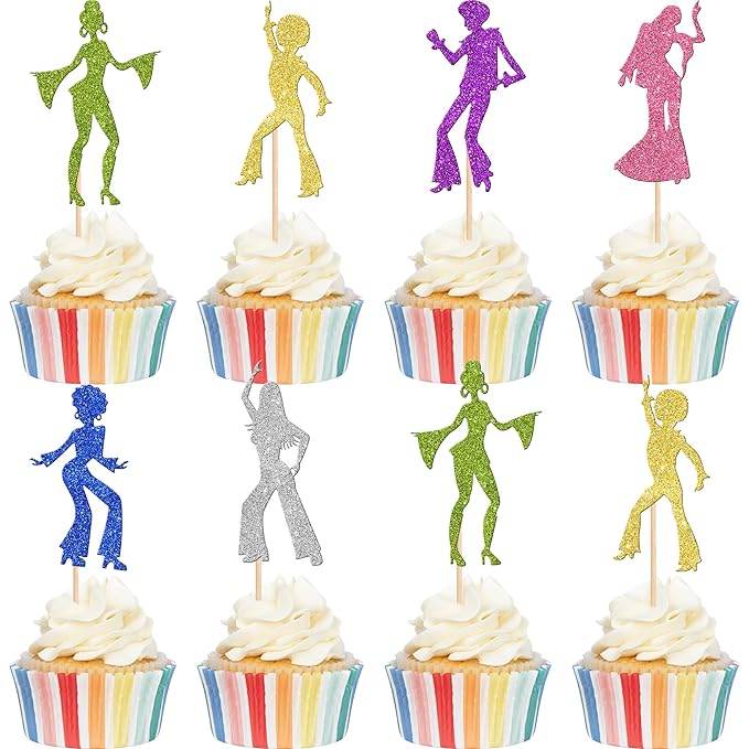 24 PCS 70's Disco Cupcake Toppers & Picks - Glittering Cupcake Decorations for Disco Music Theme Birthday Party Cake Decorations Supplies - Colorful