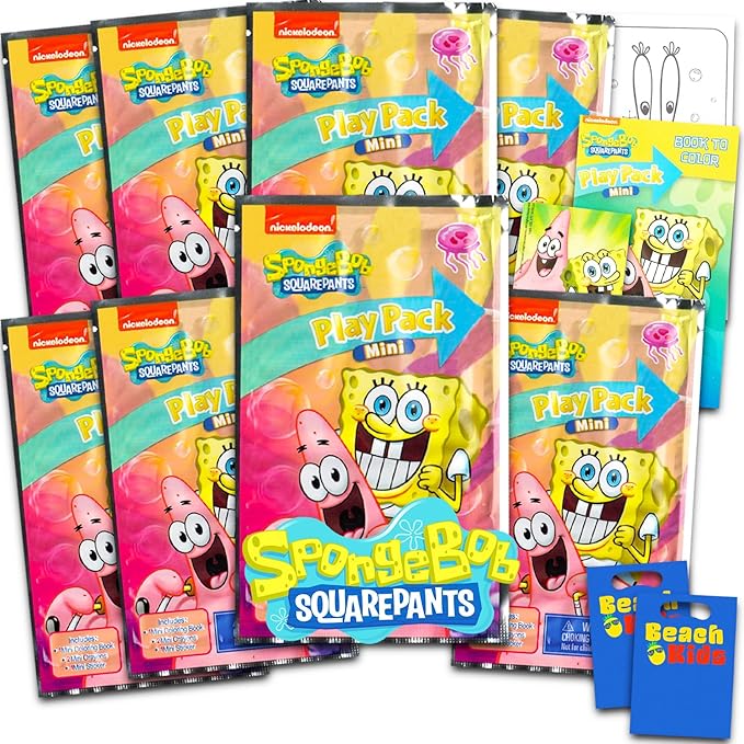 SPONGEBOB SQUAREPANTS 8 Pc Mini Party Favors Set - Bundle 8 Play Packs with Mini Coloring Books, Stickers, and Goodie Bags | Spongebob Birthday Party Supplies Decorations